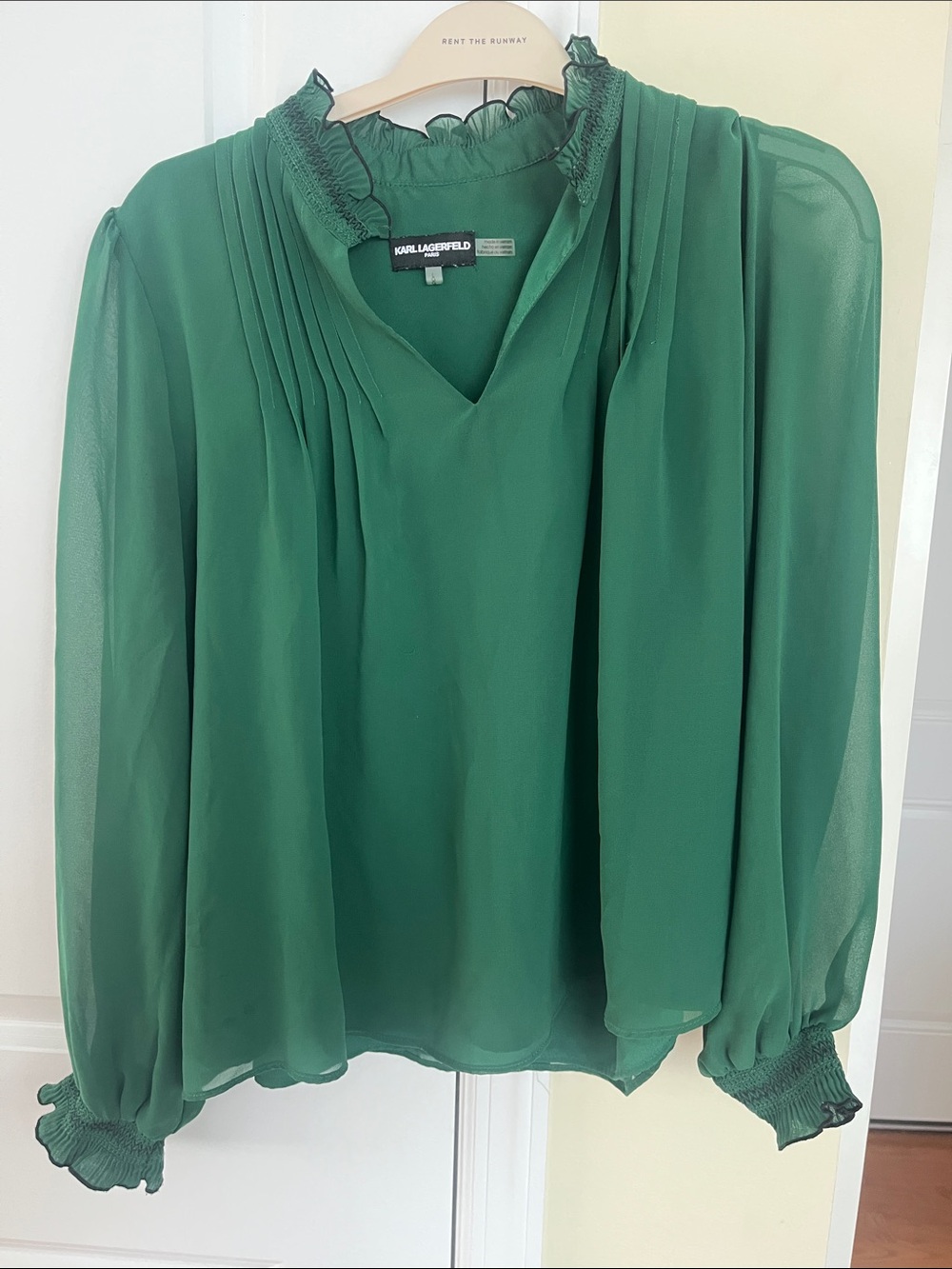 Karl Lagerfeld Green Pleated V-Neck Long-Sleeve Blouse